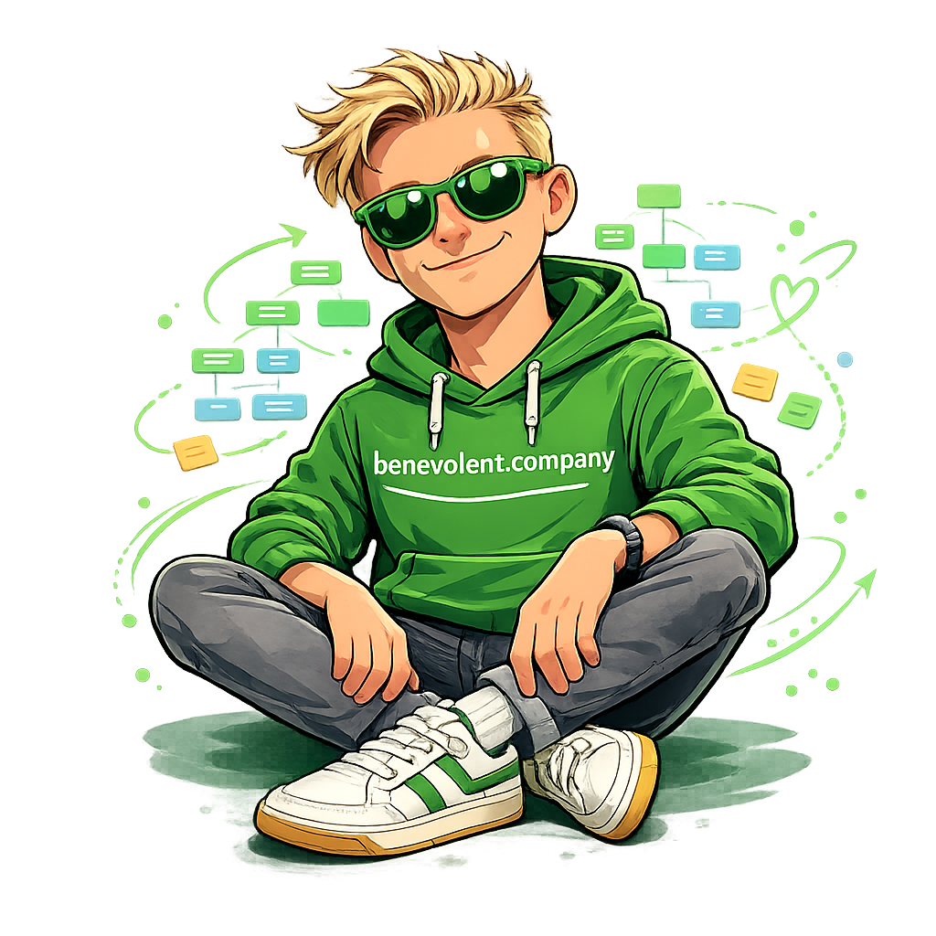 Soren Fuhr, illustrated avatar in a bright green benevolent.company hoodie